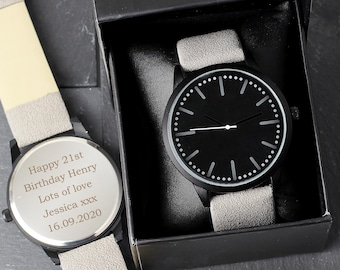 Personalised Mens Matte Black Watch with Grey Strap and Presentation Box