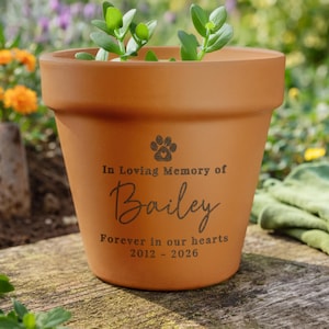 Op de afbeelding: Een bruine terracotta bloempot met een groene plant. De pot is voorzien van de tekst "In Loving Memory of Bailey Forever in our hearts 2012 - 2026" en een pootafdruk. De pot staat op een houten oppervlak.