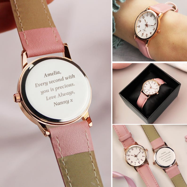May include: A rose gold wristwatch with a white face and pink leather strap. The watch face has black numerals and hands. The back of the watch is engraved with the text: "Amelia, Every second with you is precious. Love Always, Nanny x."