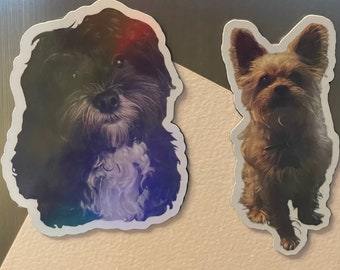 May include: Two dog magnets, one black and one brown, with a white background.