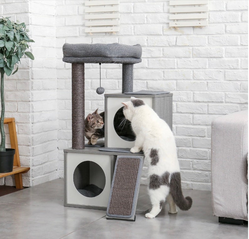 Kitten Scratching Post|Wood Cat Furniture MODERN CAT TREE With Scratching Posts 2 Luxury Condos For Large Perch for Medium To Large Cats