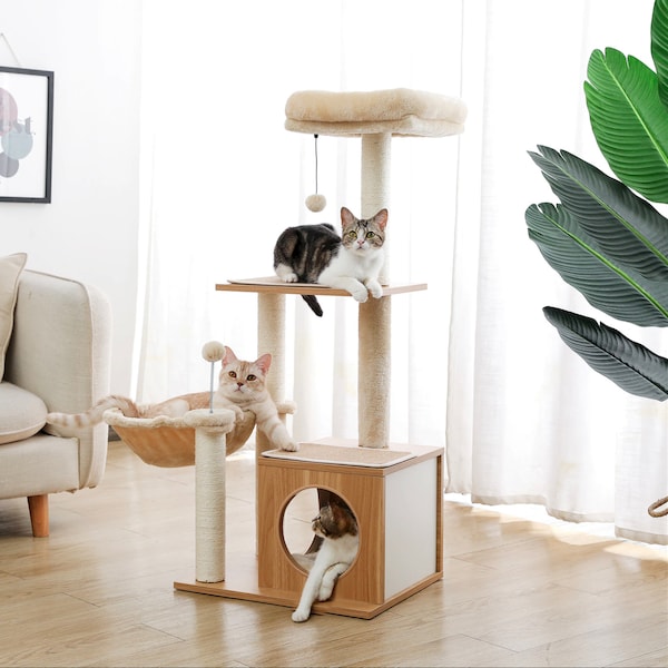 Multi-Level Modern Cat Tree Tower for Indoor, Sisal Scratching Post Dazzling Ball Unique Cat Condo House, Pet Play Furniture, Cat Lover Gift