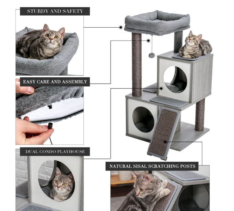 Kitten Scratching Post|Wood Cat Furniture MODERN CAT TREE With Scratching Posts 2 Luxury Condos For Large Perch for Medium To Large Cats