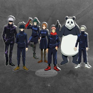 May include: A clear acrylic standee featuring a group of seven anime characters from Jujutsu Kaisen. The characters are depicted in dark blue school uniforms, with one character as a large panda and another wearing a blindfold over their eyes.