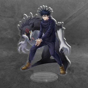 May include: An acrylic standee featuring an anime character with spiky black hair wearing a dark blue uniform, standing in a combat pose. Behind the character is a large, dark, wolf-like creature with yellow eyes and red markings on its forehead.