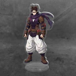 May include: An acrylic standee featuring an anime character with spiky dark hair, wearing a purple scarf, dark armor with red accents, and white baggy pants. The character has a black mark across their eyes and stands on a clear circular base.