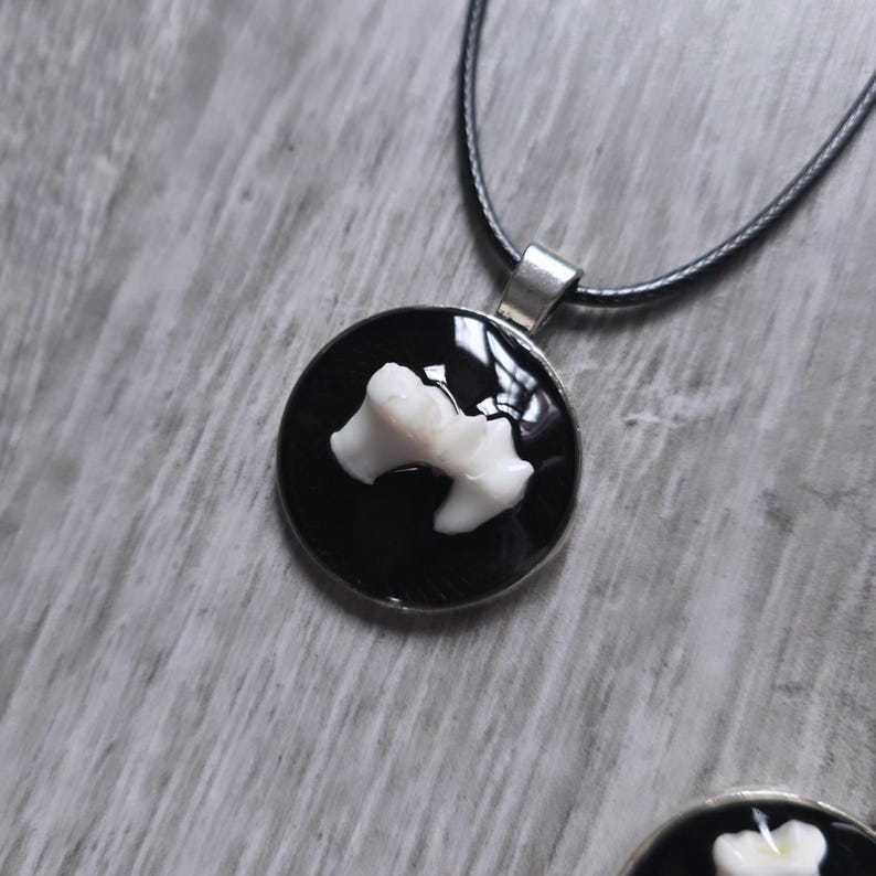 Puede incluir: Un collar con colgante redondo con fondo negro y dise&ntilde;o blanco en forma de hueso. El colgante est&aacute; sujeto a un collar de cord&oacute;n negro con cierre plateado. El collar se muestra sobre una superficie de madera gris.