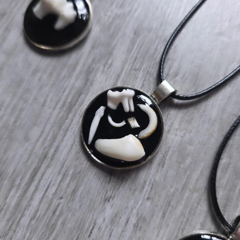 Puede incluir: Collar con colgante redondo con fondo negro y borde plateado. El colgante presenta un dise&ntilde;o blanco con tem&aacute;tica dental. El collar tiene un cord&oacute;n negro. Hay colgantes adicionales visibles en el fondo.