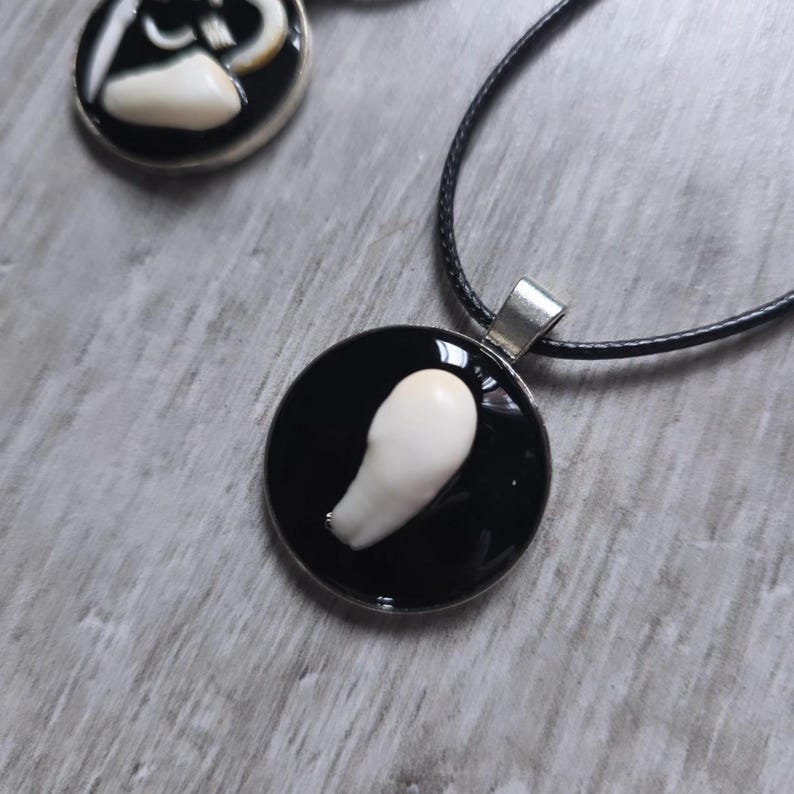 Puede incluir: Un collar con colgante negro con un dije blanco en forma de diente. El dije est&aacute; sobre un fondo negro dentro de un bisel plateado. El collar tiene un cord&oacute;n negro.