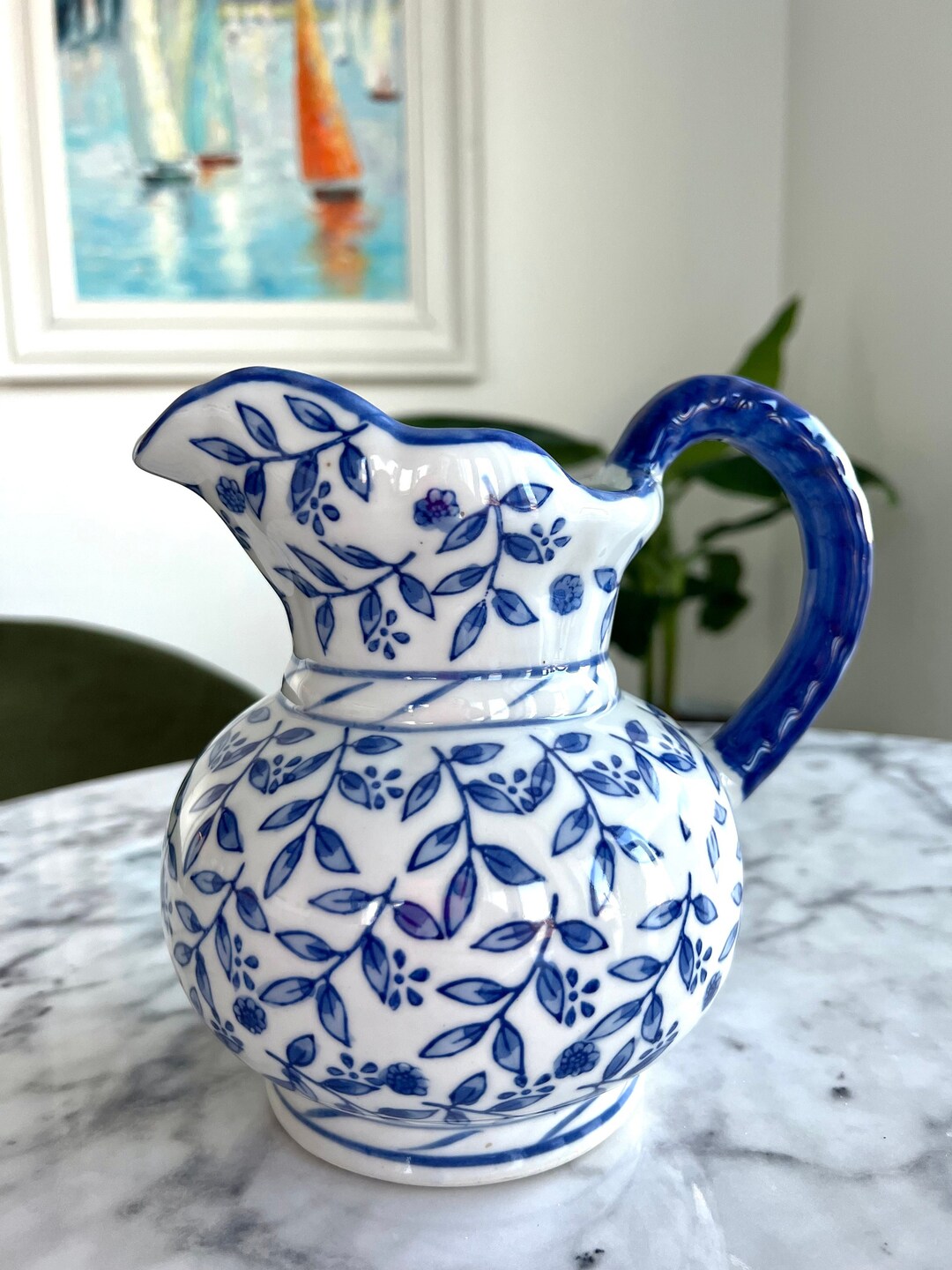 Blue and White Floral Design Rope Handle Pitcher Chinoiserie Etsy