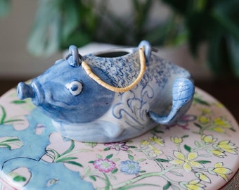 Vintage Hand Painted Blue and White Asian Koi Fish Teapot | Chinoiserie | Grand Millennial Home Decor