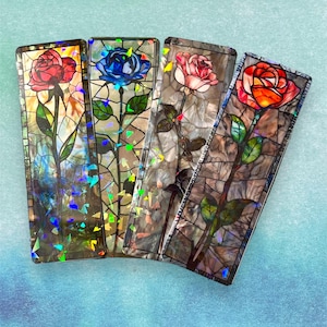 Holographic Stained Glass Rose Bookmark, Floral Laminated Bookmark