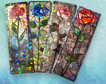 Holographic Stained Glass Rose Bookmark, Floral Laminated Bookmark