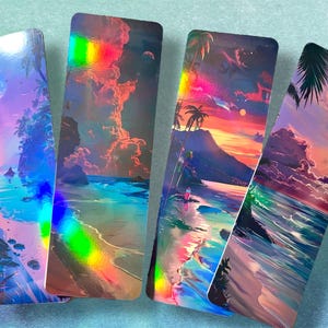 Holographic Beach Bookmark: Glossy Tropical Sunset Ocean Design