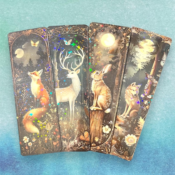 Colección de marcapáginas de animales del bosque, marcapáginas holográficos de fantasía
