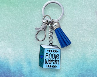 Bookworm Keychain, Enamel Book Charm, Reader Gift