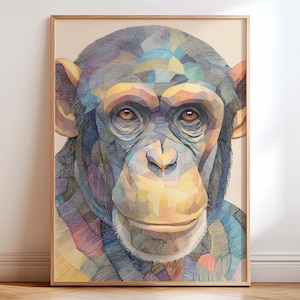 Colourful chimpanzee wall art print, chimpanzee print, chimpanzee wall poster, vibrant chimp illustration print, modern wildlife home decor