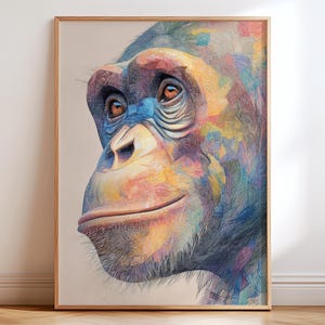 Colourful chimpanzee wall art print, chimpanzee print, chimpanzee wall poster, vibrant chimp illustration print, modern wildlife home decor