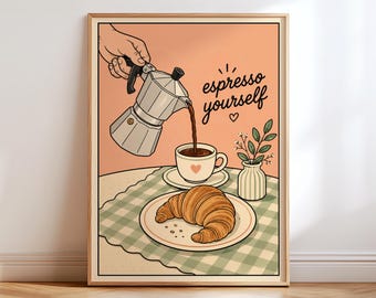 May include: A framed wall art print featuring a peach-colored background with a hand pouring coffee from a silver moka pot into a cup. The text reads espresso yourself. A croissant on a plate and a small vase with green leaves sit on a green checkered cloth.