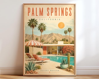 May include: A framed wall art print titled PALM SPRINGS CALIFORNIA DESERT MODERN featuring a swimming pool, lounge chairs with a striped umbrella, palm trees, and mountains under a sun. The scene includes cacti and a house with orange doors.