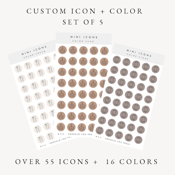 Custom Clear Mini Icon Sticker Sheets Over 105 Icon Option 24 Colors- Minimal Planner Stickers - Minimalist Color Palette Stickers