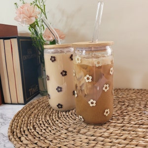 Daisy Cup Iced Coffee Cup Glass Retro Flower Glass Jar Daisy Coffee Glass  Cup Boho Beer Glass Jar Iced Coffee Glass 