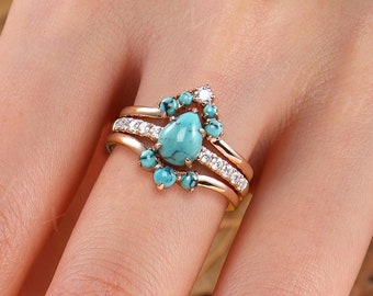 Vintage Natural Turquoise Engagement Ring Set - Pear Shaped Rose Gold Moissanite / Diamond Ring - Curved Wedding Band by ManhattanBox