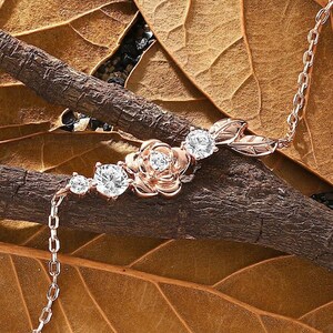 Dainty Moissanite Rose Bracelet - Two Tone Gold Flower Design Chain Bracelet - Romantic Wedding Anniversary Gift Jewelry by ManhattanBox