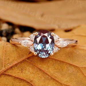 Vintage Oval Alexandrite Engagement Ring - Unique Rose Gold Art Deco Wedding Ring - Marquise Diamond Cluster Promise Ring by ManhattanBox
