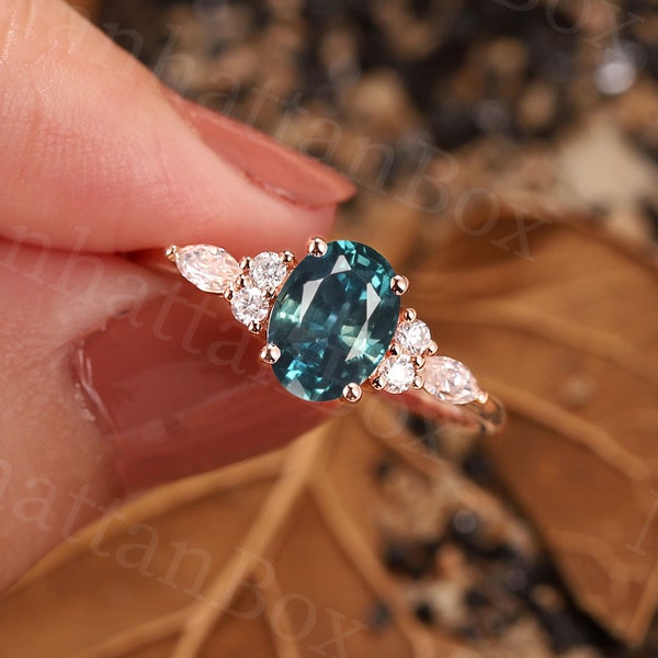 Teal Sapphire engagement ring vintage Oval cut blue green sapphire rose gold Peacock sapphire diamond ring moissanite ring Anniversary