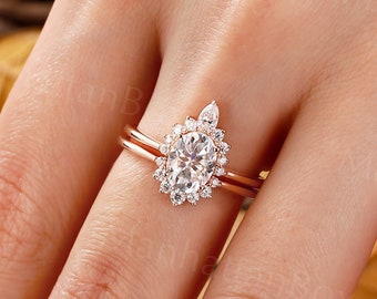 Vintage Oval Cut Moissanite Engagement Ring Set Rose Gold Round Cut halo Ring Unique Curved Stacking Wedding Band Promise Bridal Set