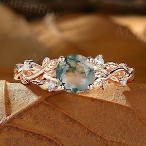 Moss Agate Engagement Ring Vintage Round Diamond Ring Rose Gold Branch Ring Antique Leaf Birthstone Ring Bridal Anniversary Promise Ring