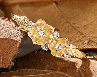 Floral Engagement Ring - Leaf Moissanite Gold Ring - Nature Inspired Ring by ManhattanBox