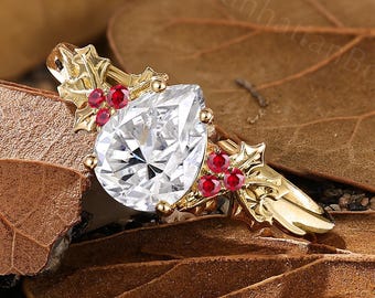 Christmas Holly Leaf Ring - Holiday Engagement Ring - Ruby Berries Ring by ManhattanBox