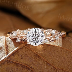Nature Inspired Moissanite Engagement Ring - Rose Gold Vintage Leaf Wedding Ring - Unique Diamond Cluster Promise Ring by ManhattanBox