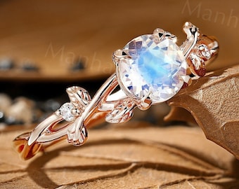 Anillo de compromiso de oro rosa con piedra lunar redonda Anillo de bodas  con hojas de vid inspirado en la naturaleza Elegante anillo de promesa