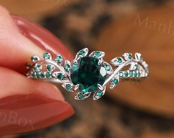 Antique Round Lab Emerald engagement ring white gold|Art deco leaf design Bridal ring|Unique twist prong set twig wedding Anniversary ring