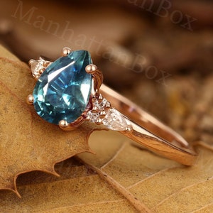 Art Deco Rose Gold Teal Sapphire Engagement Ring - Vintage Pear Wedding Ring with Diamond - Unique Teardrop Promise Ring by ManhattanBox
