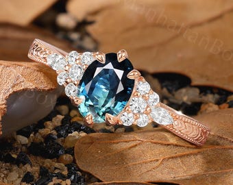 Teal Sapphire Bridal Ring - Cluster Engagement Ring - Engraved Promise Ring by ManhattanBox