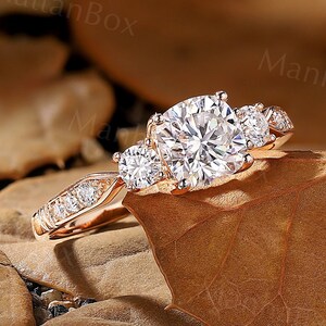 Cushion Shape Moissanite Engagement Ring - Vintage Rose Gold Channel Pave Promise Ring - Cluster Three Stone Wedding Ring by ManhattanBox