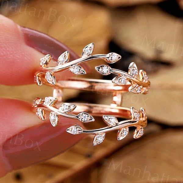 Nature inspired round cut moissanite wedding ring rose gold ring branch ring leaf ring enhancer wedding band unique anniversary bridal band