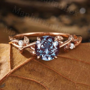Rose Gold Alexandrite Engagement Ring - Nature Inspired Branch Design Ring with Diamond - Unique Leaf Wedding Band by ManhattanBox