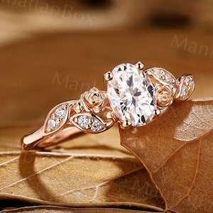 Vintage Flower Moissanite Engagement Ring - Nature Inspired Rose Gold Floral Promise Ring - Diamond Leaf Bridal Wedding Ring by Manhattanbox