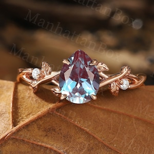 Pear Shape Alexandrite Engagement Ring - Rose Gold Branch and Leaf Diamond Wedding Ring - Twig Nature Inspried Promise Ring by ManhattanBox