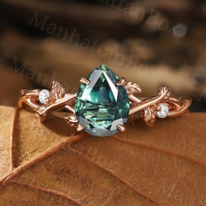 Teardrop Teal Sapphire Engagement Ring - Rose Gold Nature Inspired Diamond Wedding Ring - Vintage Leaf Branch Promise Ring by ManhattanBox