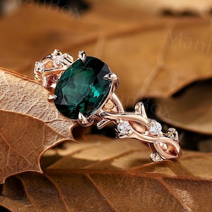 Vintage Emerald Engagement Ring - Rose Gold Nature Inspired Diamond Twig Wedding Ring - Antique Twist Branch Promise Ring by ManhattanBox