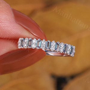 Baguette Alexandrite and Moissanite Wedding Band - White Gold Antique Matching Ring - Classic Stacking Anniversary Ring by ManhattanBox
