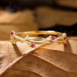 Natural Ruby Twig Wedding Band - Yellow Gold Amethyst Branch Stackable Matching Ring - Half Eternity Twist Promise Ring by ManhattanBox