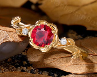 Ruby Engagement Ring - Nature Inspired Ring - Yellow Gold Floral Ring by ManhattanBox