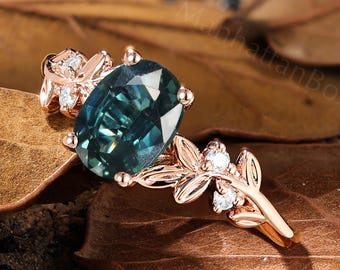Natural Teal Sapphire Ring - Leaf Engagement Ring - Vine Nature Inspired Ring by ManhattanBox